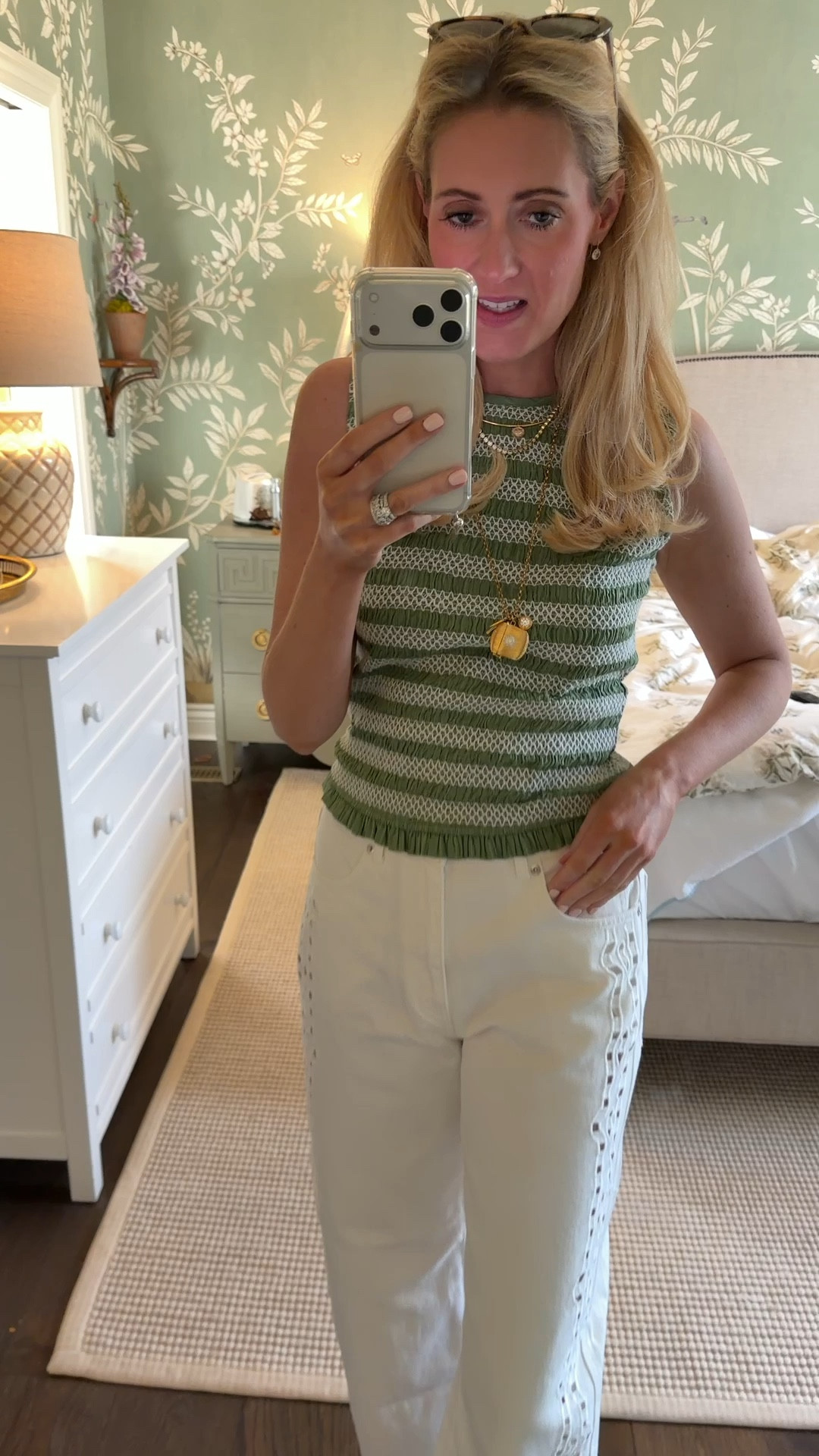 Darling green top and eyelet barrel pants! 