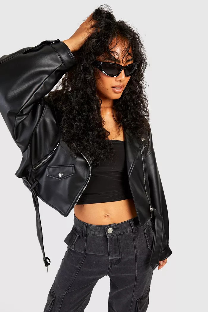 Balloon Sleeve Faux Leather Cropped Moto Jacket | boohoo (US & Canada)