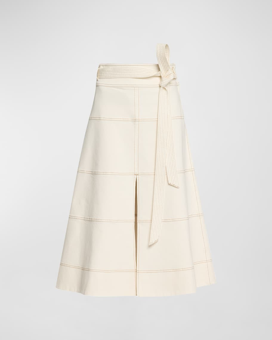 Tanya Taylor Hudson High-Waist Belted Denim Midi Skirt | Neiman Marcus