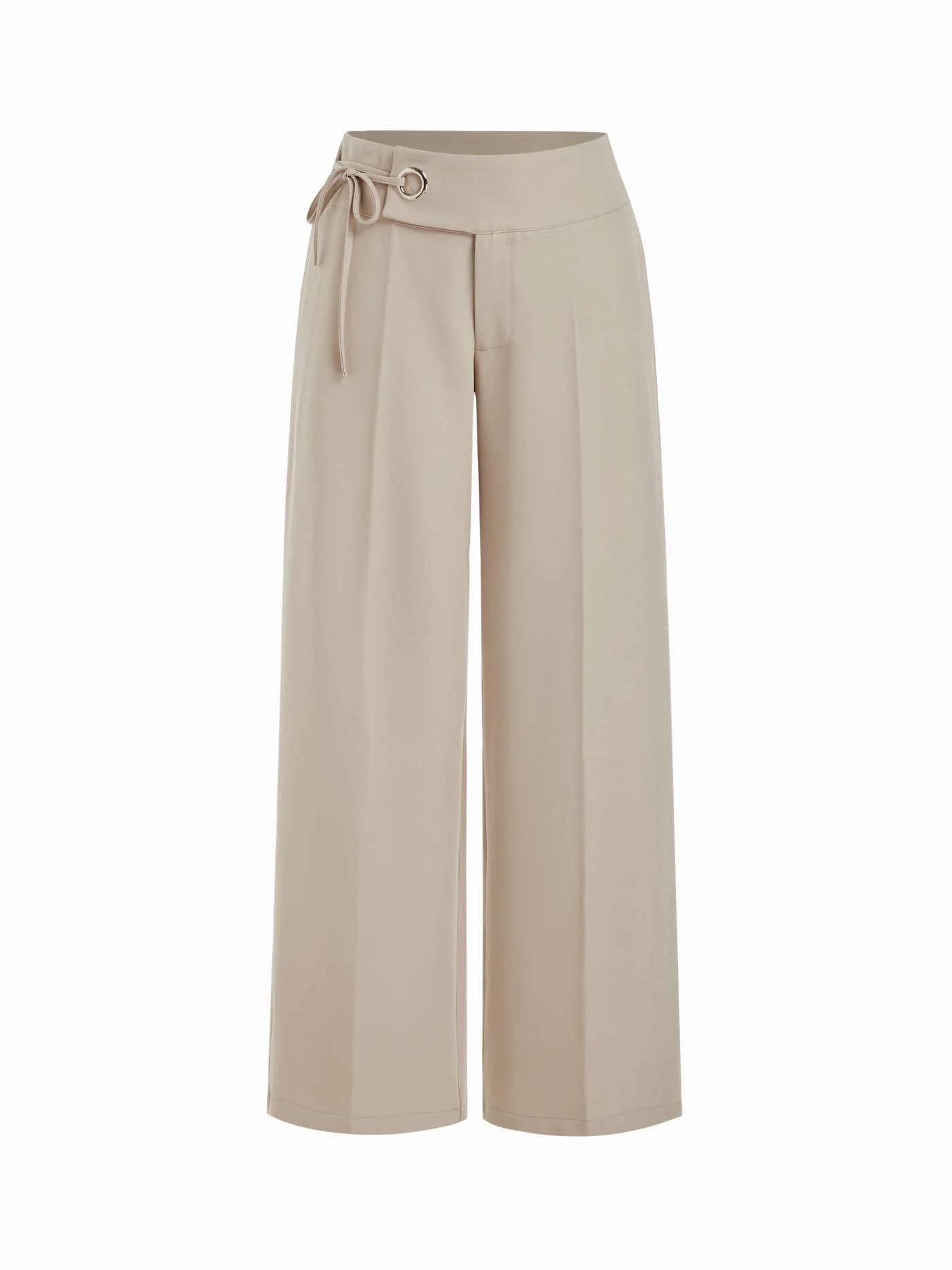 Woven Low Rise Side Tie Metal Detail Straight Leg Trousers For Daily Casual Work | Cider