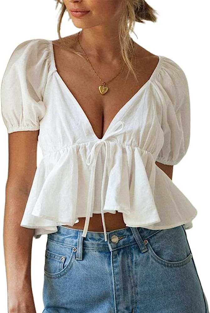 Remidoo Women's Puff Short Sleeve Tie Back V Neck Ruffle Hem Peplum Crop Tops | Amazon (US)