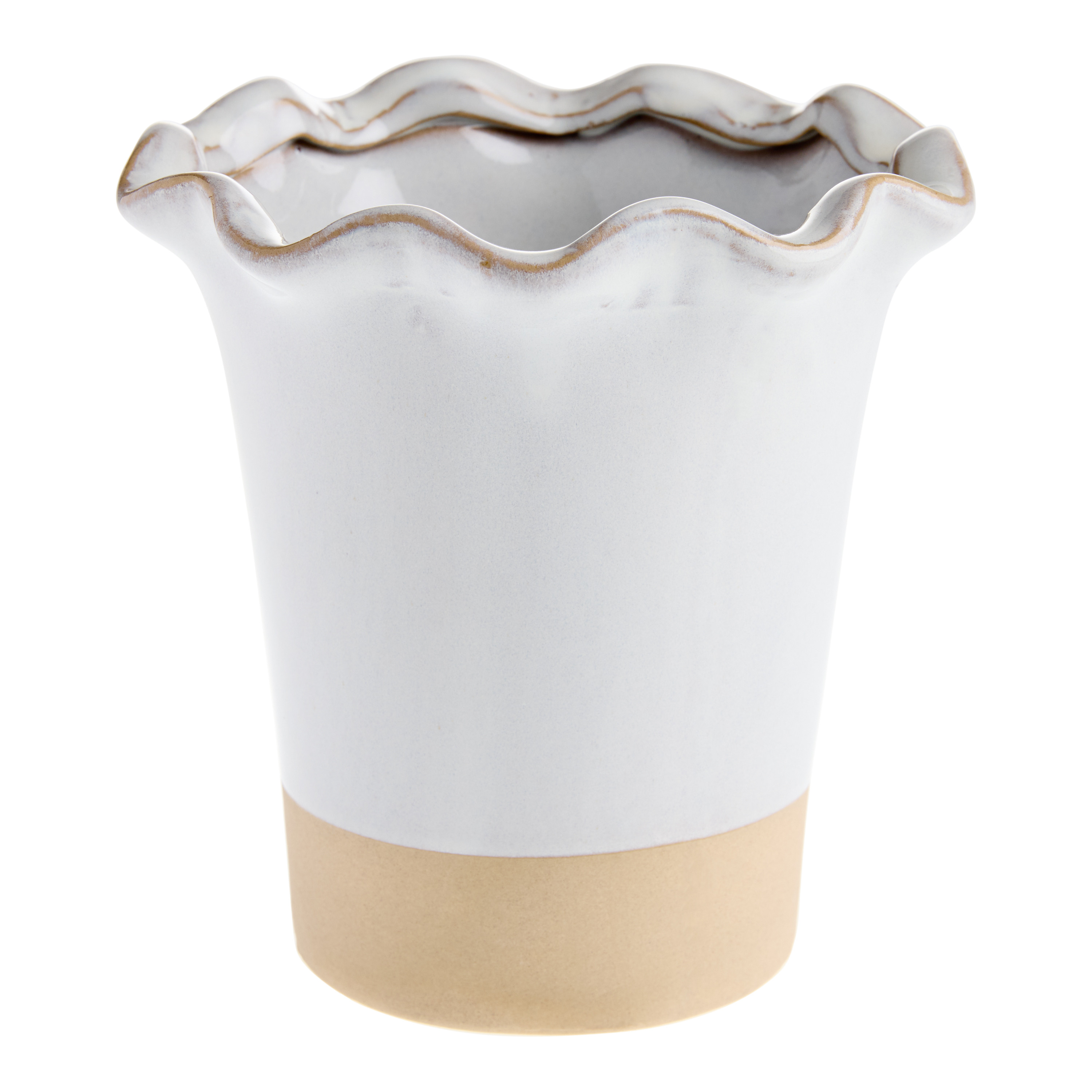 White and Tan Ceramic Ruffle Vase | World Market