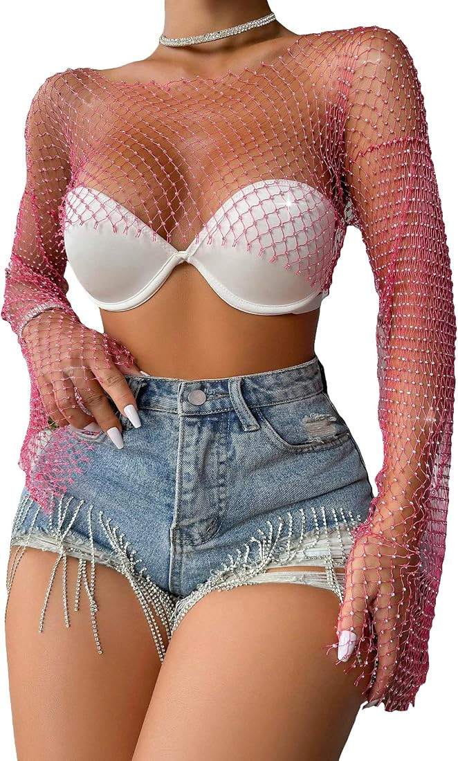 SHENHE Women's Sexy Sheer Fishnet Rhinestone Tee Shirt Long Sleeve See Through Hollow Out Mesh Cr... | Amazon (US)
