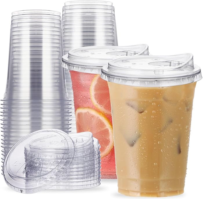 16 oz Clear Plastic Cups with Strawless-Sip-Lids, 25 Sets Disposable Cup Plastic Iced Coffee Cups... | Amazon (US)