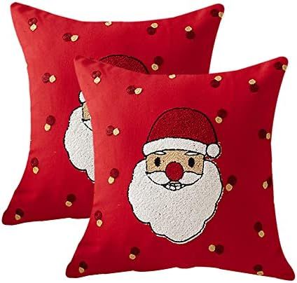Amazon.com: SOFTNOW 2 Pcs Christmas Throw Pillow Covers Canvas Cotton Square Embroidered Santa Cl... | Amazon (US)