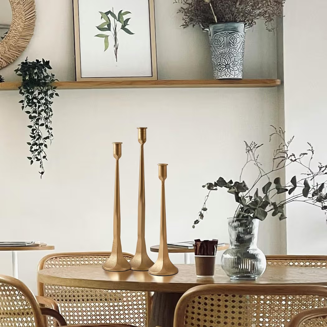 Denique Iron Taper Candle Holder Set of 3, Gold Candlestick Holders Decorative Candle Stand, Tape... | Amazon (US)