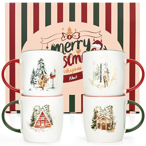 Cabtnca Christmas Mug Set - 4 Ceramic Coffee Mugs, Kids Gift Set, Xmas Decor, 11Oz | Amazon (US)
