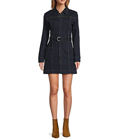 Chelsea Violet Verity Denim Button Down Collar Long Sleeve Belted Mini Dress - S | Dillard's