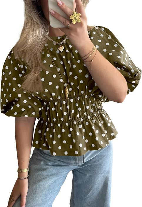 Cicy Bell Women Polka Dot Peplum Blouse Round Neck Puff Sleeve Summer Top | Amazon (US)