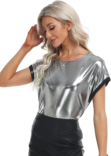MISS MOLY Women's Shiny Tops Short Sleeve Crewneck Holographic Metallic Tees Glitter Sparkle Part... | Amazon (US)