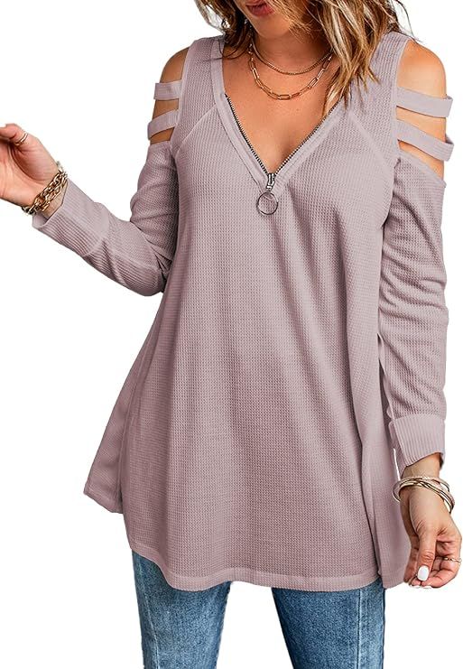 FARYSAYS Women's Casual Cold Shoulder Zipper V Neck Tunic Tops Long Sleeve Waffle Knit Loose Blou... | Amazon (US)