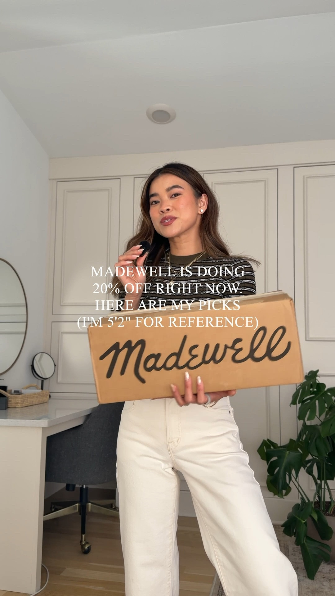 Here are my picks for the 20% off Madewell sale as a 5’2” petite. 
Madewell has so many sizing options if you are on the shorter side like me. Here is the sale info! 

🤎 HOW TO GET THE 20% OFF CODE (you must have the LTK app to get the code) 
Click on a Madewell piece on any of my LTK posts, copy the Madewell discount code, click shop now, and paste the code into your Madewell cart. 🤎

•Madewell The Leah Top - XXS in White 
•Madewell The Petite Emmy Wide-Leg Jean - 24 Petite in Pelion Wash 
•Madewell The Remy Mary Jane Flat - Dried Acorn 
•Madewell The Sculpted Metal Wristlet Bag - Vintage Muslin 
•Madewell Smocked Boatneck Tank - XS in Sagebrush 
•Madewell The Perfect Vintage Wide-Leg Crop Jean - 24 Petite in Vintage Canvas 
•Madewell The Mila Organic Hardware Thong Slide Sandal - Aged Cognac 
•Madewell The Lexington Tote - Aged Cognac 
•Madewell Boatneck Sleeveless Sweater - XS in Ivory and Olive Mini Stripe 
•Madewell The Signature Woven Tote - Faded Olive 
•Madewell The Ashley Ruched Loafer in Suede - Aged Cognac 
•Madewell Crewneck Sweater Tee in Merino Wool-Silk Blend - XS in Olive Multi Stripe 

Petite style, petite fashion, mom outfit, mom style, petite pants, petite outfit ideas, petite outfits, best pants for petite, petite denim, spring style, spring outfits, beach outfits, vacation outfits, wedding guest dress, summer outfit, madewell sale,

#LTKxMadewell #LTKPetite #LTKSaleAlert