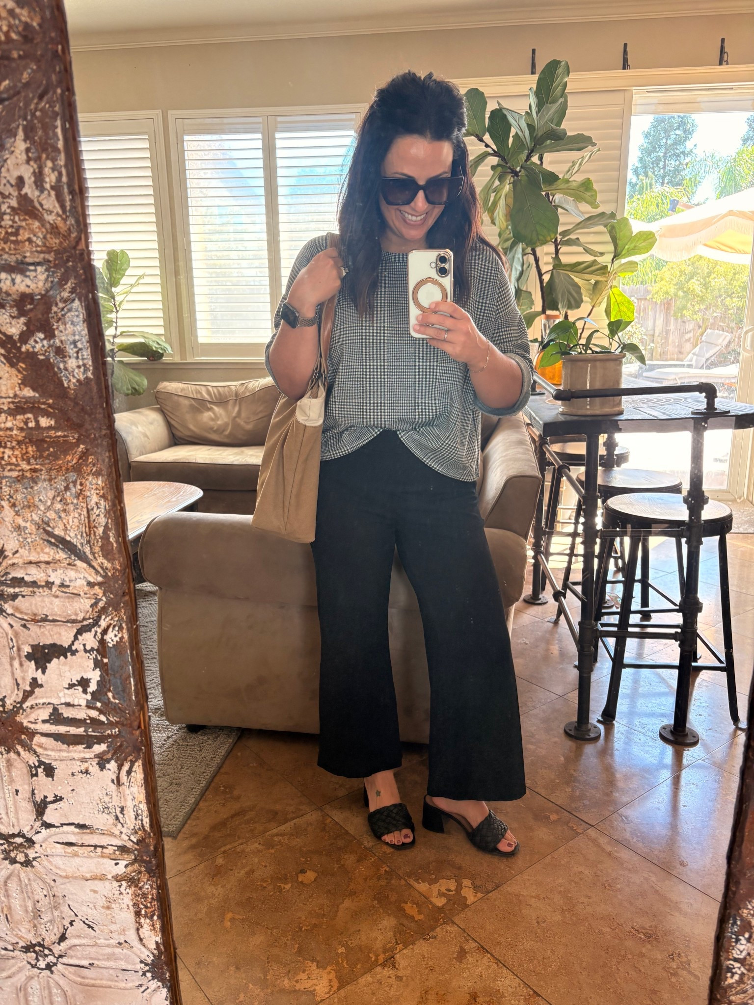 Happy fall, even though it feels like summer today! Wore one of my favorite houndstooth plaid tops and yes, that’s a front tuck, if it’s wrong, I don’t want to be right! 😂 My wide leg pull on pants are super comfortable, petite friendly and have functional pockets. I’m wearing a small 26” inseam.
Teacher outfit 
Fall style
Amazon finds
Petite 

#LTKOver40 #LTKWorkwear #LTKPetite