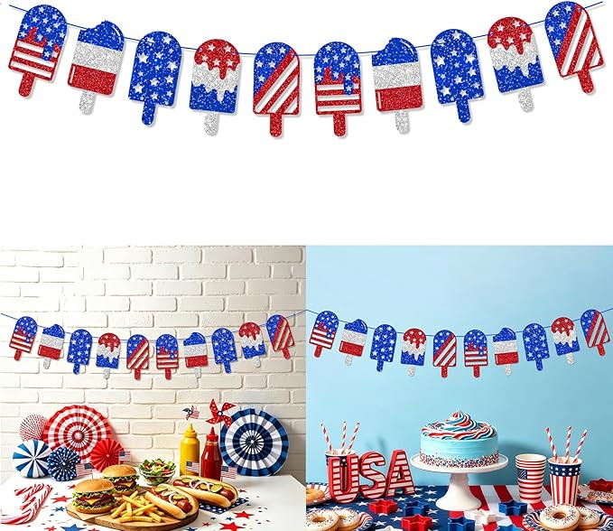 4th of July Decorations Patriotic Banner, Red White and Blue Decorations, ‌Sparkly Paper Popsic... | Amazon (US)