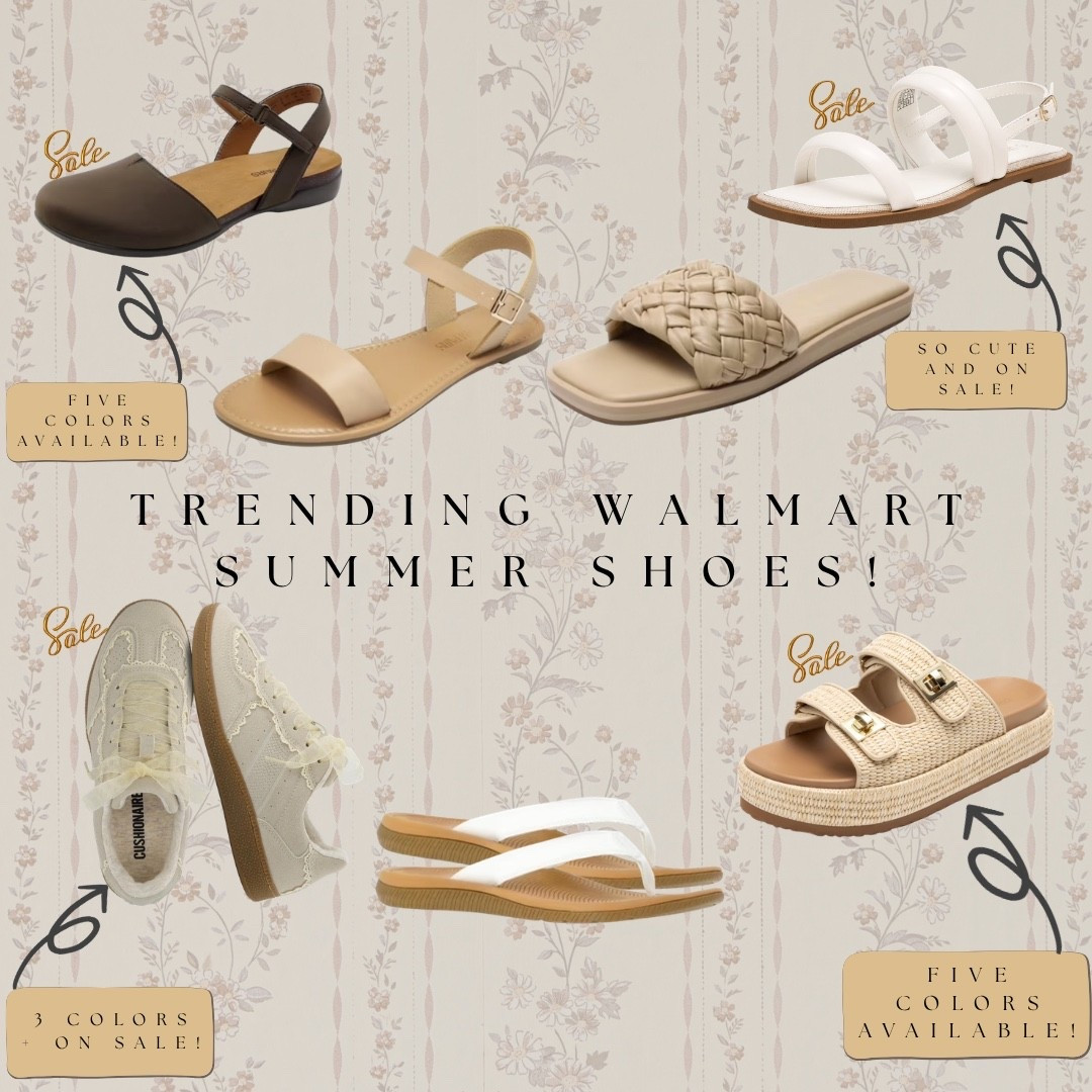 Walmart’s trending summer shoes are all on sale and come in so many colors 👡 The brown slingback flat and woven platform slide each come in 5 colors, and the lace-up sneakers come in 3 colors — all sale priced. All linked!