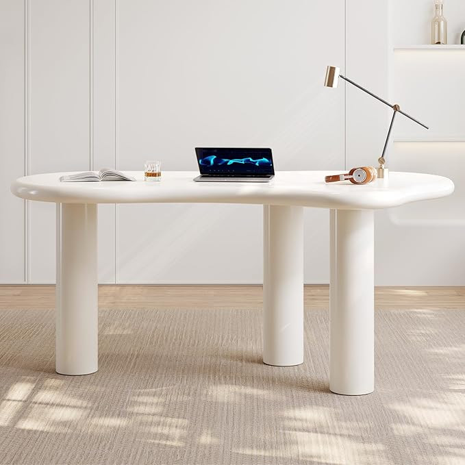 Irregular Computer Office Desk, 66.92" Office Desk, Modern Executive Desk with 3 Legs, Creamy Whi... | Amazon (US)