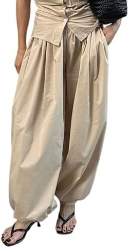 LETSVDO Women's Palazzo Balloon Pants Drawstring Waist Wide Leg Pleated Barrel Harem Pants Baggy ... | Amazon (US)