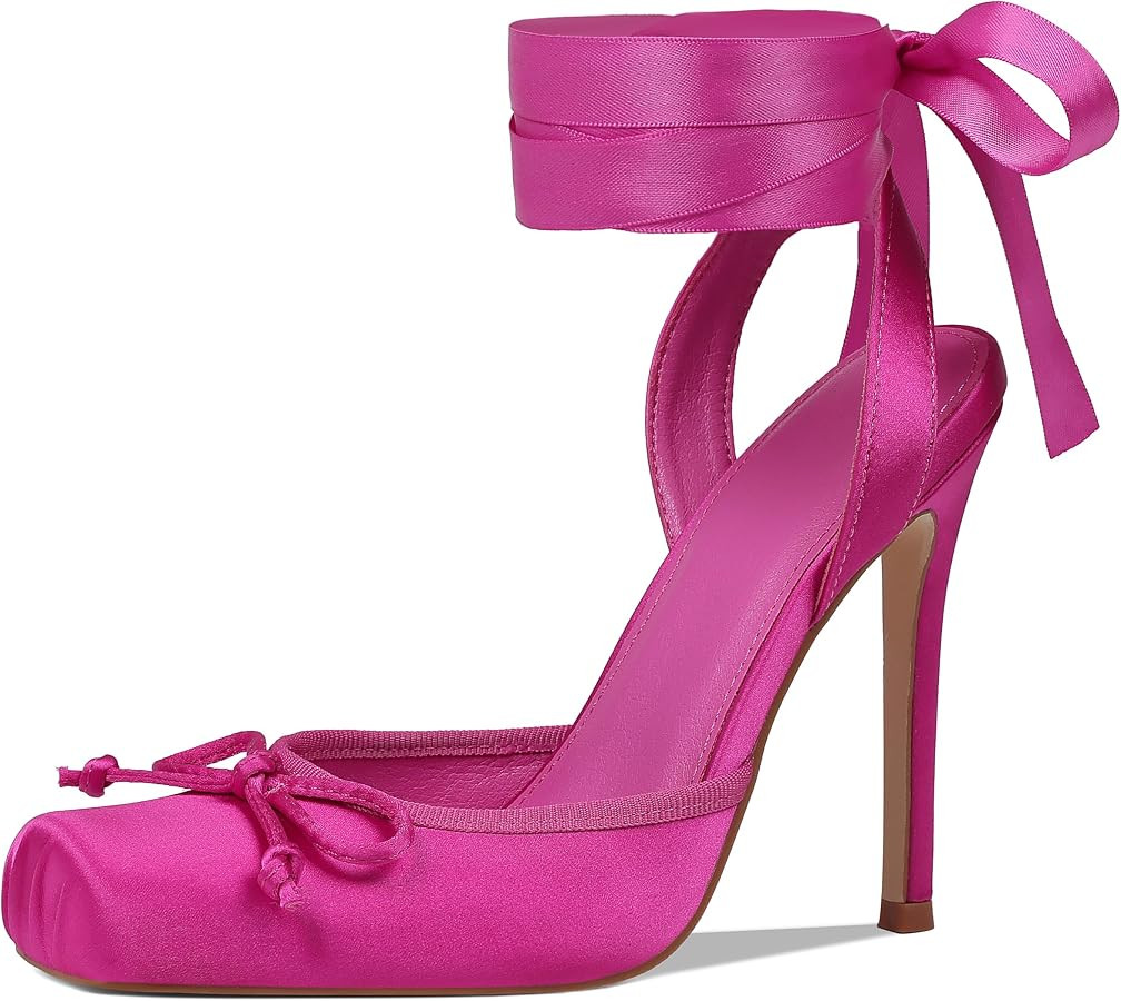 Celbreez Ballet Heels Satin Stiletto Heels for Women Close Square Toe Slingback Bow Lace Up High ... | Amazon (US)