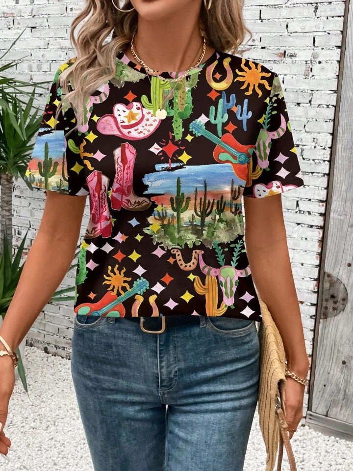 SHEIN LUNE Casual Western laarzen, hoed en gitaar grafische ronde hals korte mouw T-shirt voor da... | SHEIN