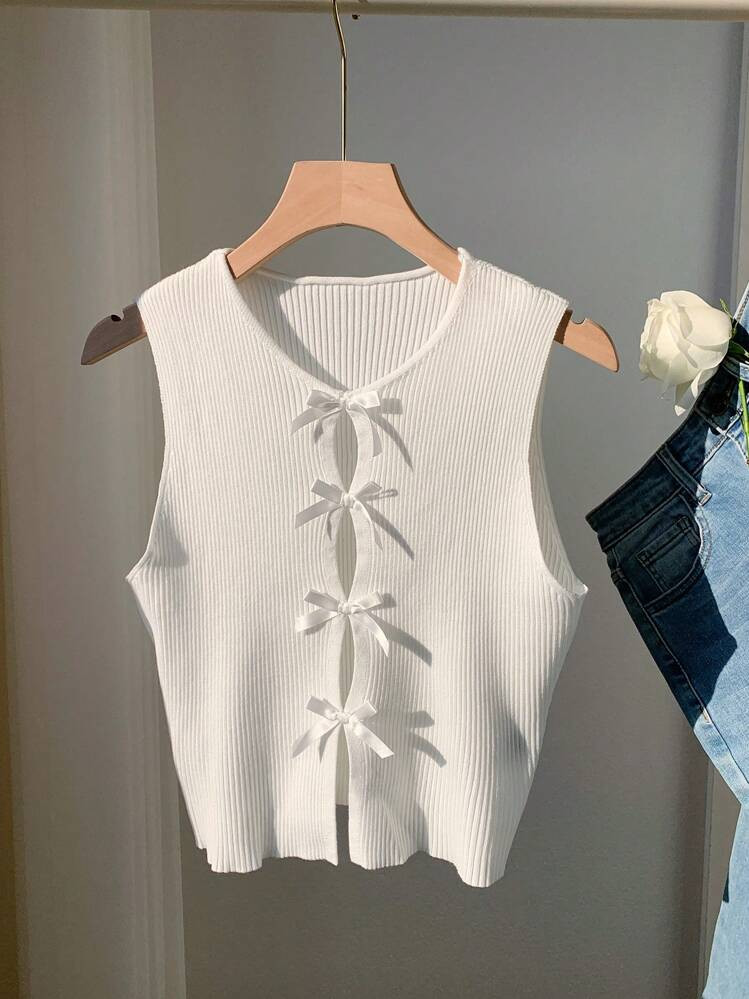 Comfortcana Women Solid Color Bowknot Hollow Knit Casual Sleeveless Top | SHEIN