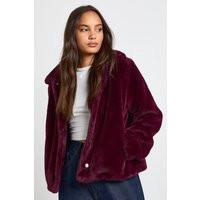 boohoo Women's Fur Collared Jacket in Burgundy | Size: 12 | Denim | boohoo (US & Canada)