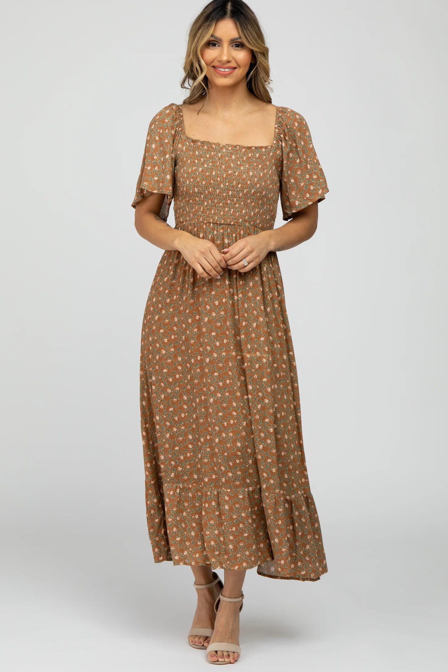 Camel Floral Smocked Square Neck Midi Dress | PinkBlush Maternity