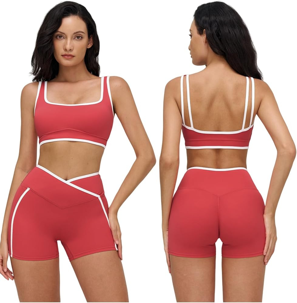 QBGJTD Women Two Piece Workout Sets Color Block Sports Bra and High Waist Shorts Gym Yoga Athleti... | Amazon (US)