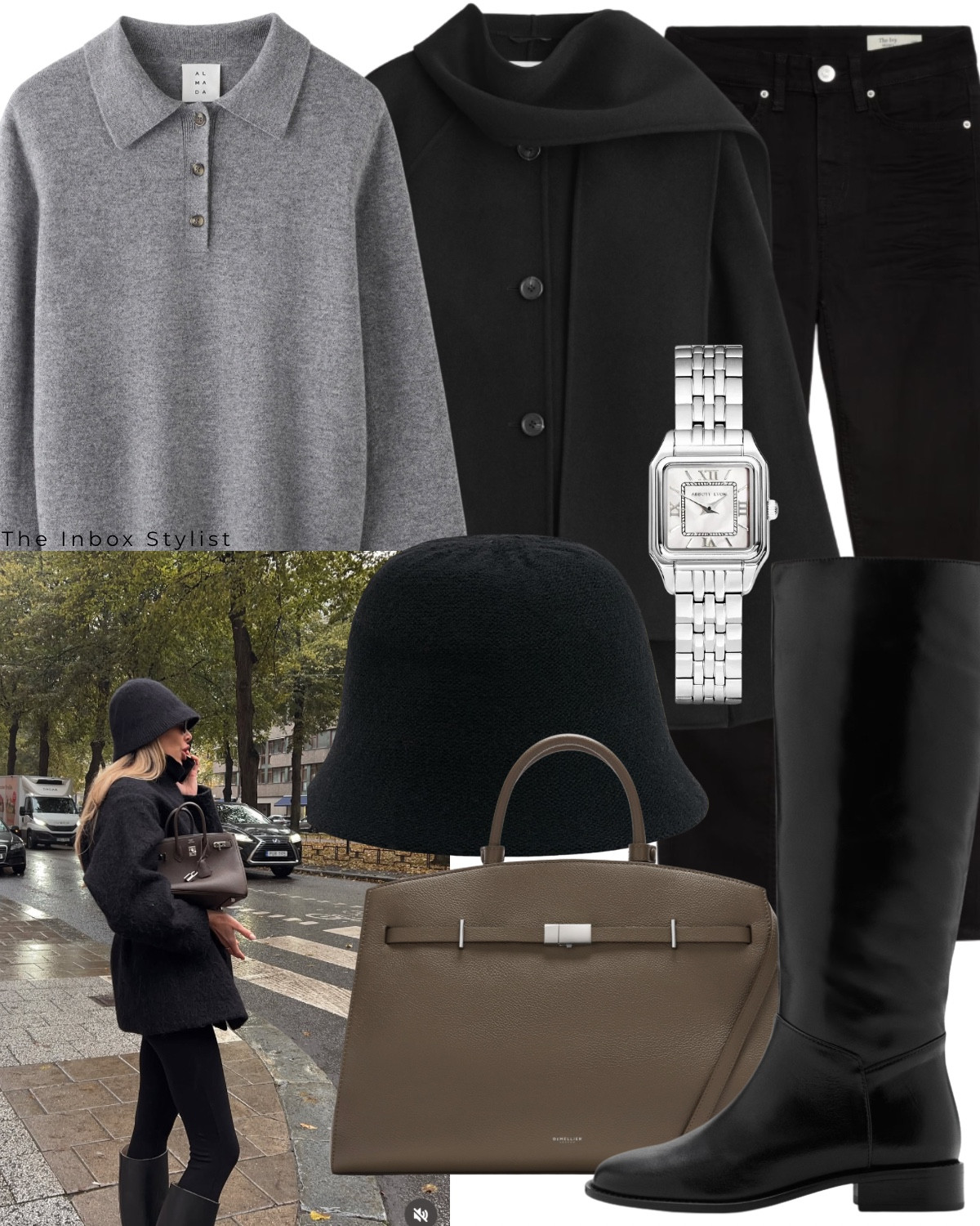 Stay ladylike, even on a rainy day! 

Including round wool bucket hat, scarf wrap coat, grey polo jumper, black skinny jeans, riding boots, top handle handbag, silver chain watch. 

Hat - Reserved

#LTKstyletip #LTKshoes #LTKbag