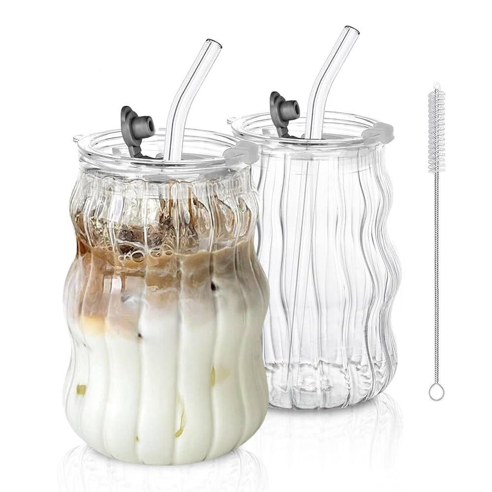 Ribbed Glass Cups with Lids and Straws – Unique Glasses for Iced Coffee, 18oz Vintage Design, I... | Amazon (US)