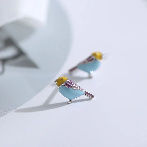 Tiny Bird Earrings| Studs| Enameled earrings| Sterling Silver| Mismatched earrings| Gifts for kid... | Etsy (US)