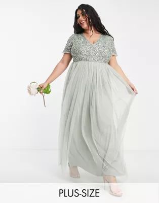 Maya Plus Bridesmaid short sleeve maxi tulle dress with tonal delicate sequins in sage green | ASOS (Global)