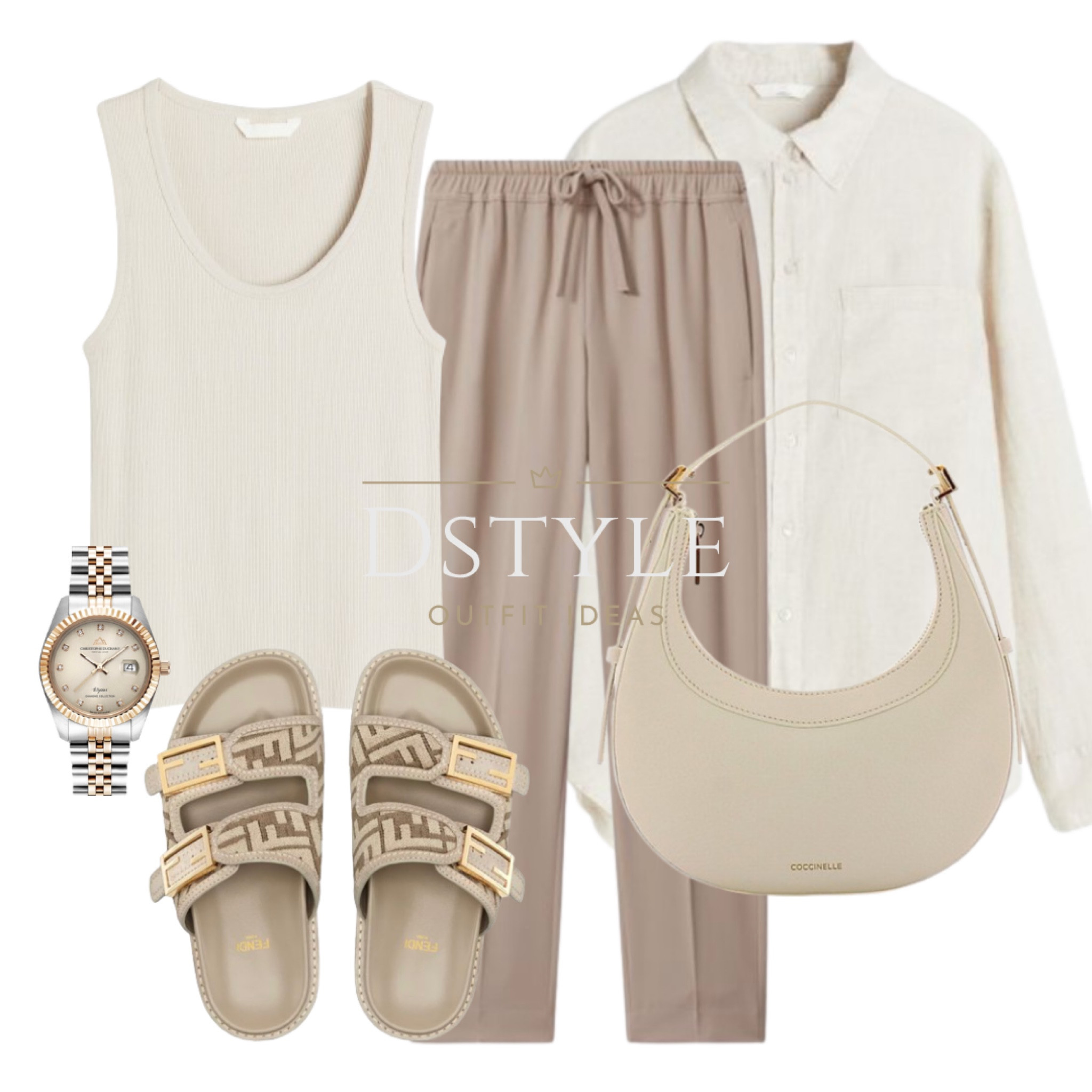 Light beige ribbed top, light beige linen shirts, mink pull on trousers, slide sandals, matching bag, Fendi sandals, comfy look, casual style, spring look, summer outfits

#LTKSeasonal #LTKstyletip #LTKfindsunder50