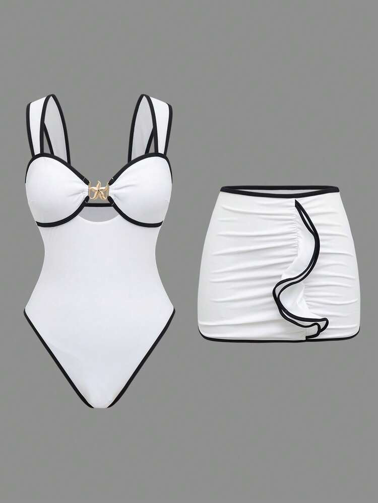 Swim Oasis Women's Elegant White & Black Patchwork One-Piece Swimsuit With Skirt 2 Pieces Set,Tum... | SHEIN