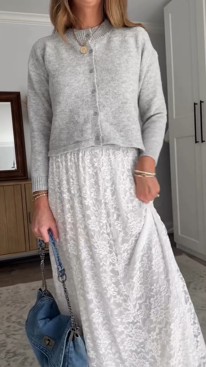 Okayyy… I did NOT expect this combo to come together this well 🤯🤍

A little feminine, a little unexpected, and somehow it just WORKS. The lace skirt + cozy cardigan + denim bag might be one of my favorite summer to fall outfit ideas yet.

I love finding ways to take those pretty summer pieces already in my closet and make them feel completely fresh for a new season—and this is exactly the kind of early fall outfit I want to wear right now. Feminine without feeling too sweet, trendy without trying too hard, and still totally wearable.

If you love elevated casual style, feminine fall outfits, lace skirt outfit ideas, cardigan outfits, summer to fall fashion, fall fashion finds and easy ways to transition your wardrobe into fall… save this one for later. 🤍

Would you have thought to pair these pieces together?! 👇

#LTKootd #LTKOver40 #LTKTall