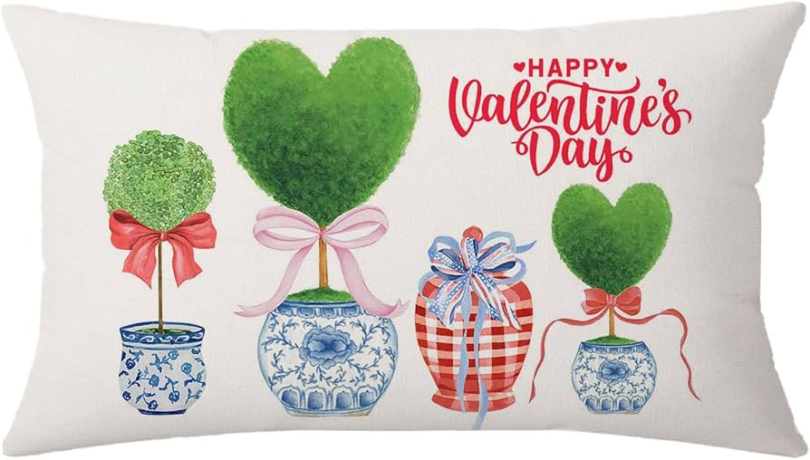 AOFANGGO Valentines Day Pillow Cover 12X20 Inch Chinoiserie Pot Green Heart Red Bow Tree Love Dec... | Amazon (US)