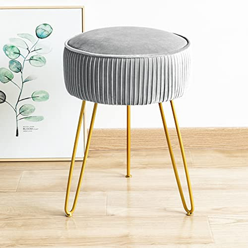 LUE BONA Pleated Vanity Stool, Velvet Upholstered Vanity Stool for Makeup Room, Round Mondern Stool for Vanity, Ottoman Footrest Stool with Metal Legs for Living Room, Bedroom, Light Gray | Amazon (US)