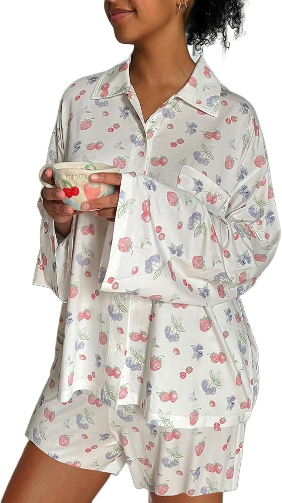 VOIKERDR Women 2 Piece Print Lounge Set Long Sleeve Button Down Shirt Wide Leg Pants Matching Set... | Amazon (US)