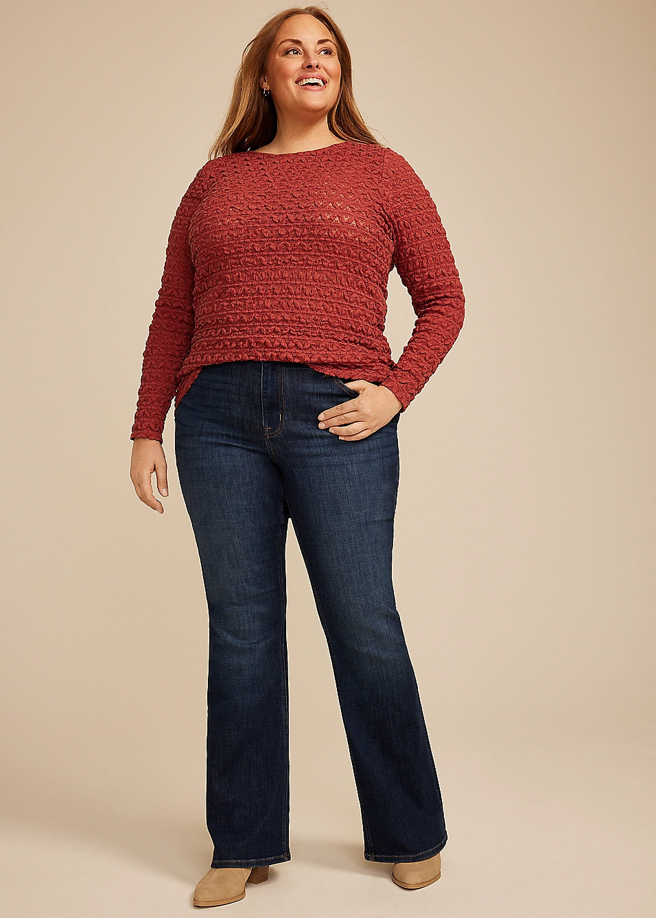 Plus Size Textured Boat Neck Long Sleeve Tee | Maurices