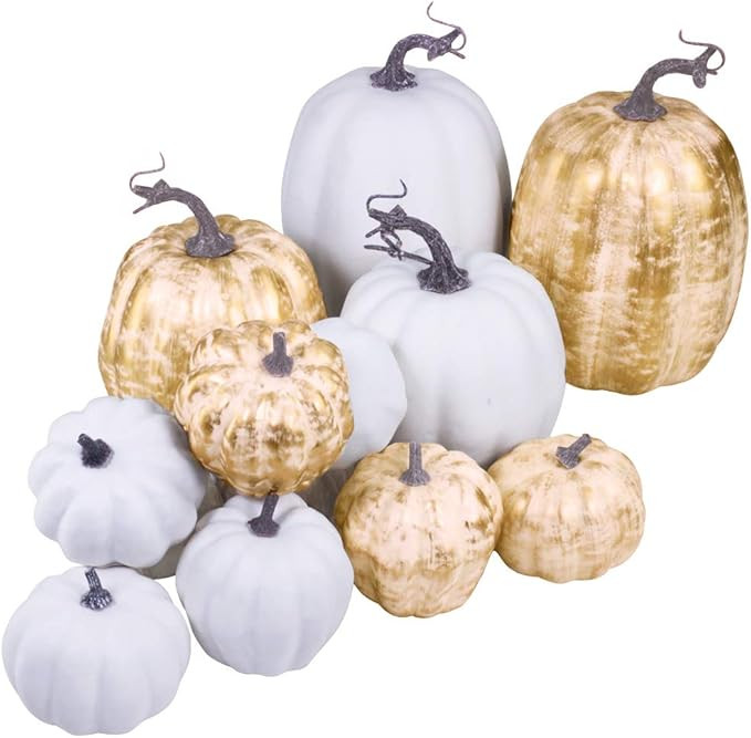 14 Pcs Assorted Fall Artificial Pumpkins Harvest Frosted Pumpkins Gold Brushed White Foam Pumpki... | Amazon (US)