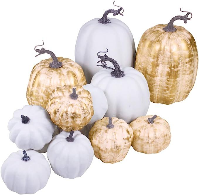 14 Pcs Assorted Fall Artificial Pumpkins Harvest Frosted Pumpkins Gold Brushed White Foam Pumpki... | Amazon (US)