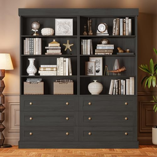 ivaniti 71" Tall Farmhouse Bookshelves, Black Large Bookcase with Adjustable Shelves, 3 Drawers Wooden Storage Cabinet for Living Room, Kitchen, Home Office, Dining Room, 2 Pcs Open Unit | Amazon (US)
