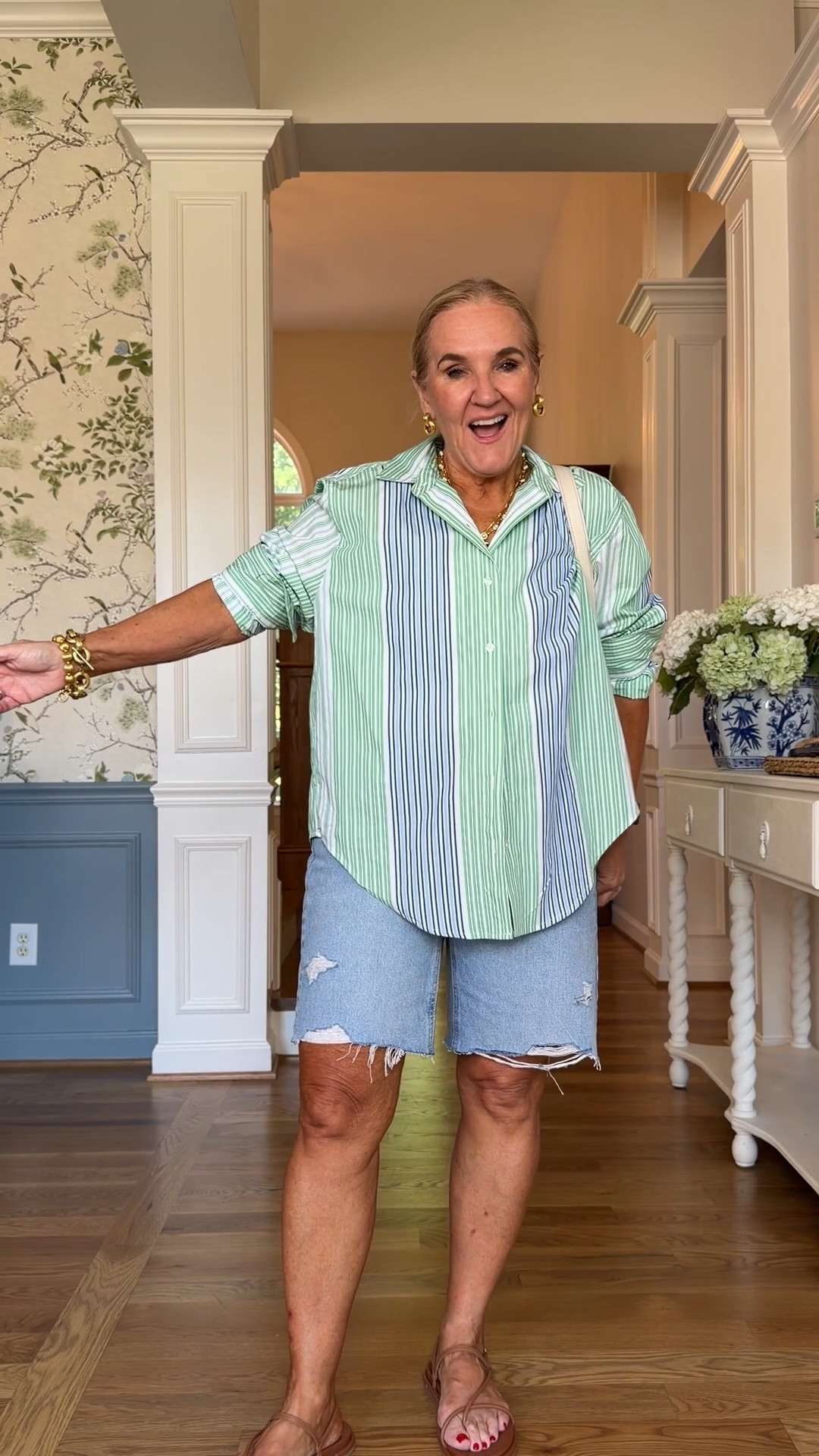 Jean shorts size 8
Gingham top size med 
Yellow gauze top comes in several colors 15% off code at Avara NANETTE15 good 1x
 Quince sweater medium 
Striped button down medium but you could prob size down. I do love it oversized 
I did size up in the smocked knit purple top 

Don’t miss the Julie Vos sale linking some favorites

#LTKOver40 #LTKootd #LTKPetite