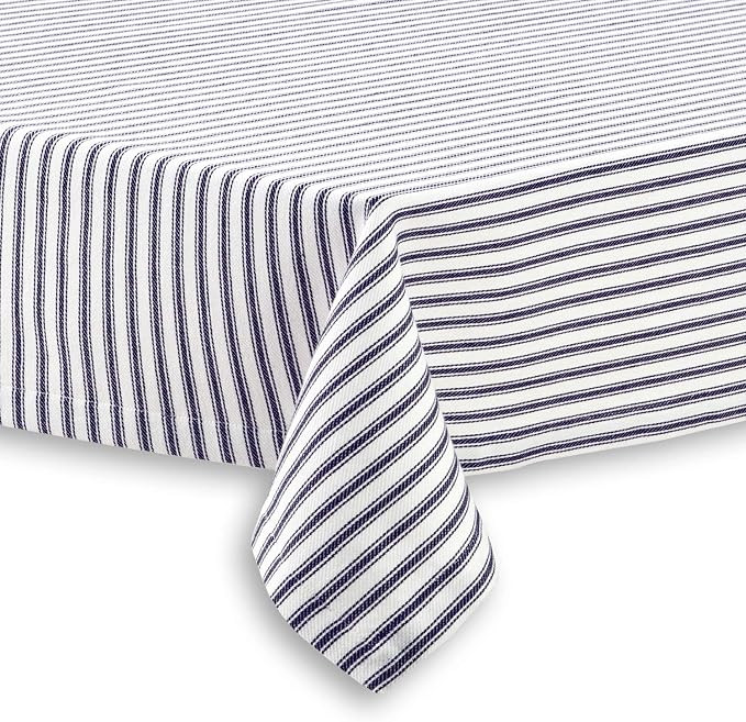Navy Blue and White Ticking Stripe Woven Cotton Fabric Tablecloth, 60 x 102 Rectangular | Amazon (US)