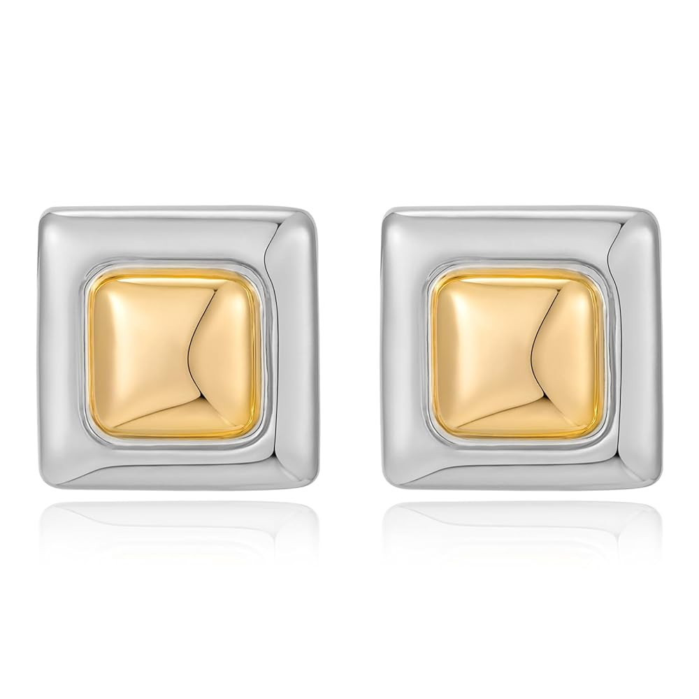 Tone Stud Earrings Statement Square Two Tones Earrings for Women Trendy Geometric Jewelry | Amazon (US)