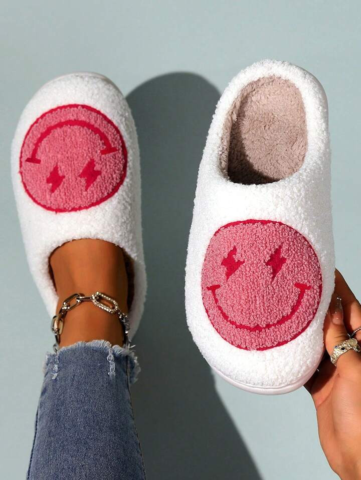 Women's Cartoon Lightning & Smiling Face Design Warm Plush Slippers, Winter Indoor Slip-resistant... | SHEIN
