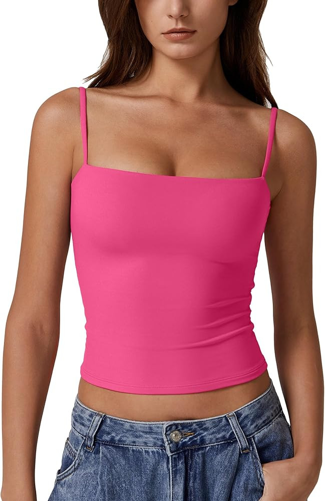 QINSEN Women's Double Lined Basic Tank Top Adjustable Spaghetti Straps Sleeveless Camisole Shirts | Amazon (US)