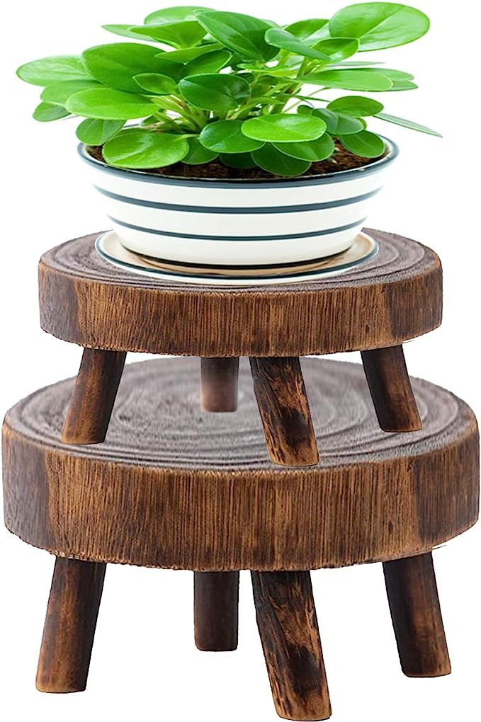 Pack of 2 Mini Wooden Stool Display Stand- Brown Flower Shelf Bonsai Rack Garden Plant Pot Riser ... | Amazon (US)