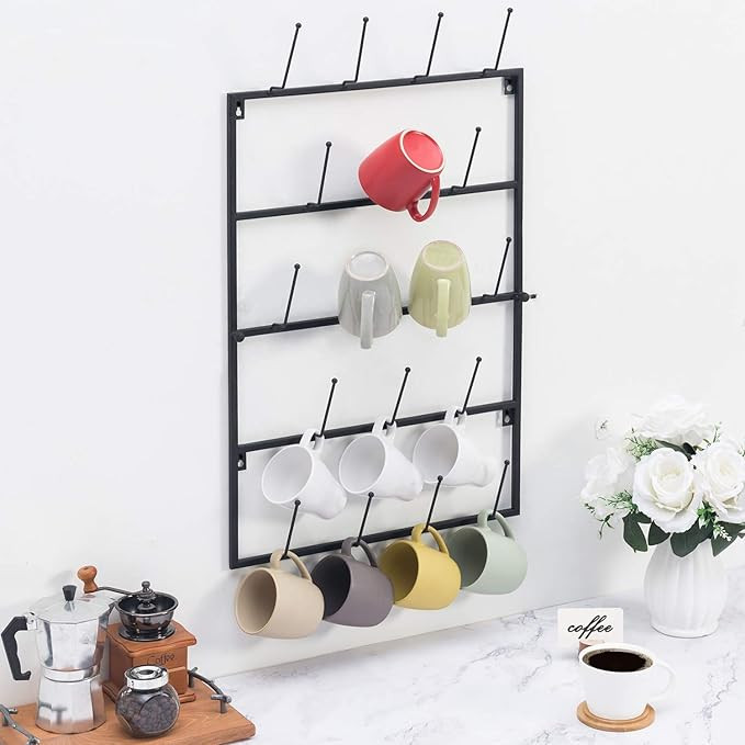 MyGift 5 Tier Black Metal Wall Mounted Kitchen Mug Hook Display/Cup Storage Organizer Hanger Rack | Amazon (US)