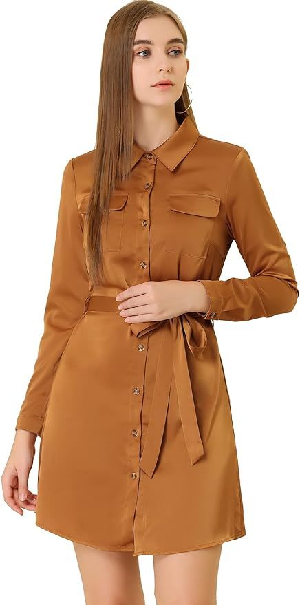 Allegra K Women's Shirtdress with Belt Casual Button Front Satin Shirt Dress | Amazon (US)
