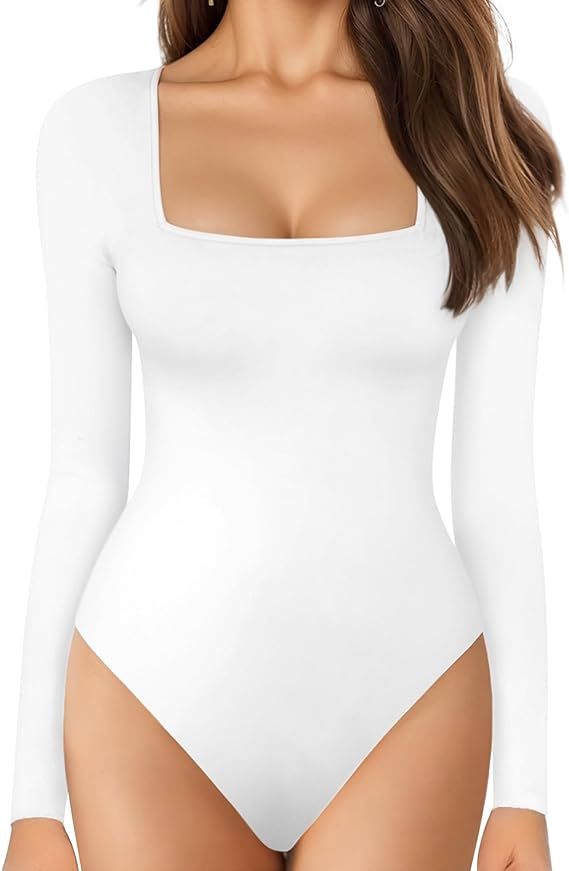 MANGOPOP Women's Square Neck Long Sleeve Bodysuit Tops | Amazon (US)